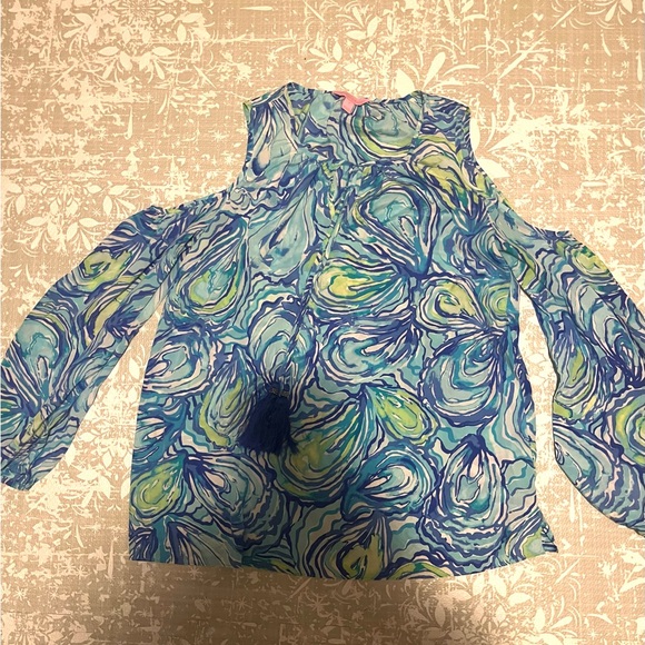 Lilly Pulitzer Finch Top Cold Shoulder Silk Blouse Oh Shucks w/ Tassels Small - Picture 3 of 5